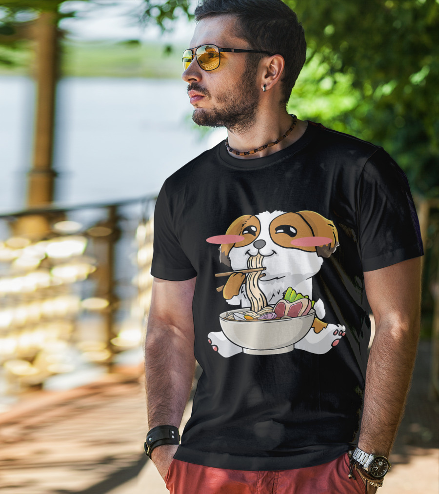 Shih Tzu Dog Enjoying Ramen Noodles With Kawaii Cute Blush Cheeks T-Shirt