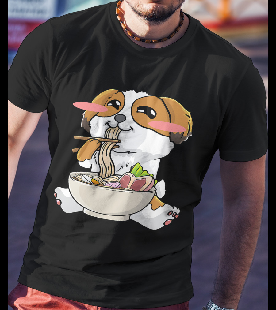 Shih Tzu Dog Enjoying Ramen Noodles With Kawaii Cute Blush Cheeks T-Shirt