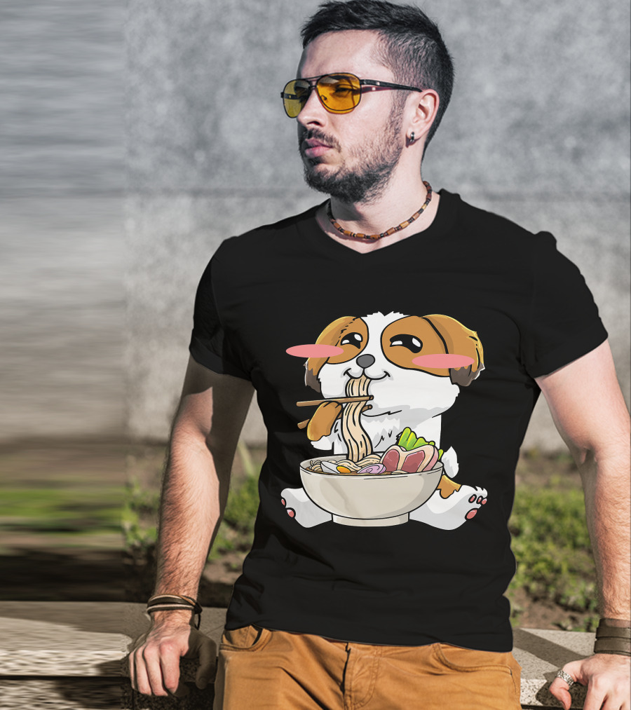 Shih Tzu Dog Enjoying Ramen Noodles With Kawaii Cute Blush Cheeks T-Shirt