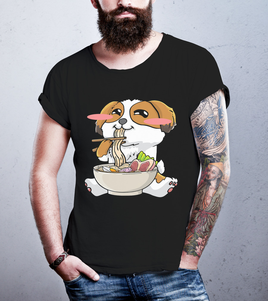 Shih Tzu Dog Enjoying Ramen Noodles With Kawaii Cute Blush Cheeks T-Shirt