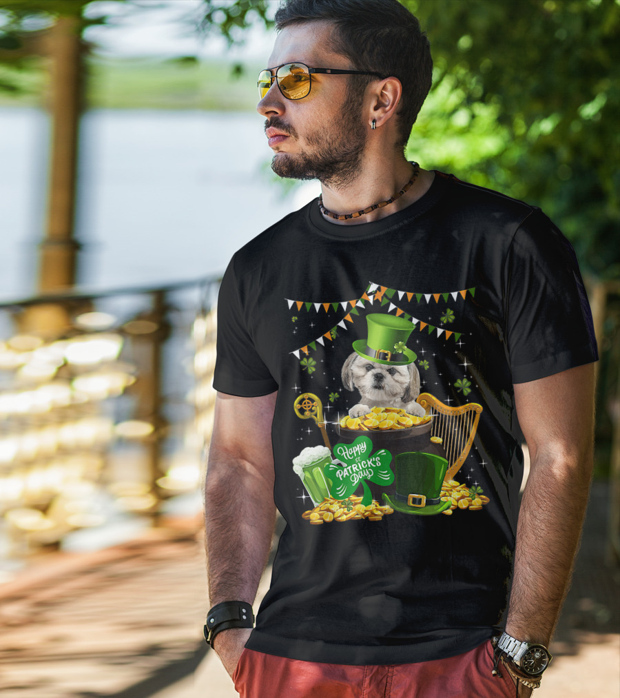 Happy St Patrick's Day Shih Tzu Dogs Lover Funny Irish Shamrock Hat T-Shirt