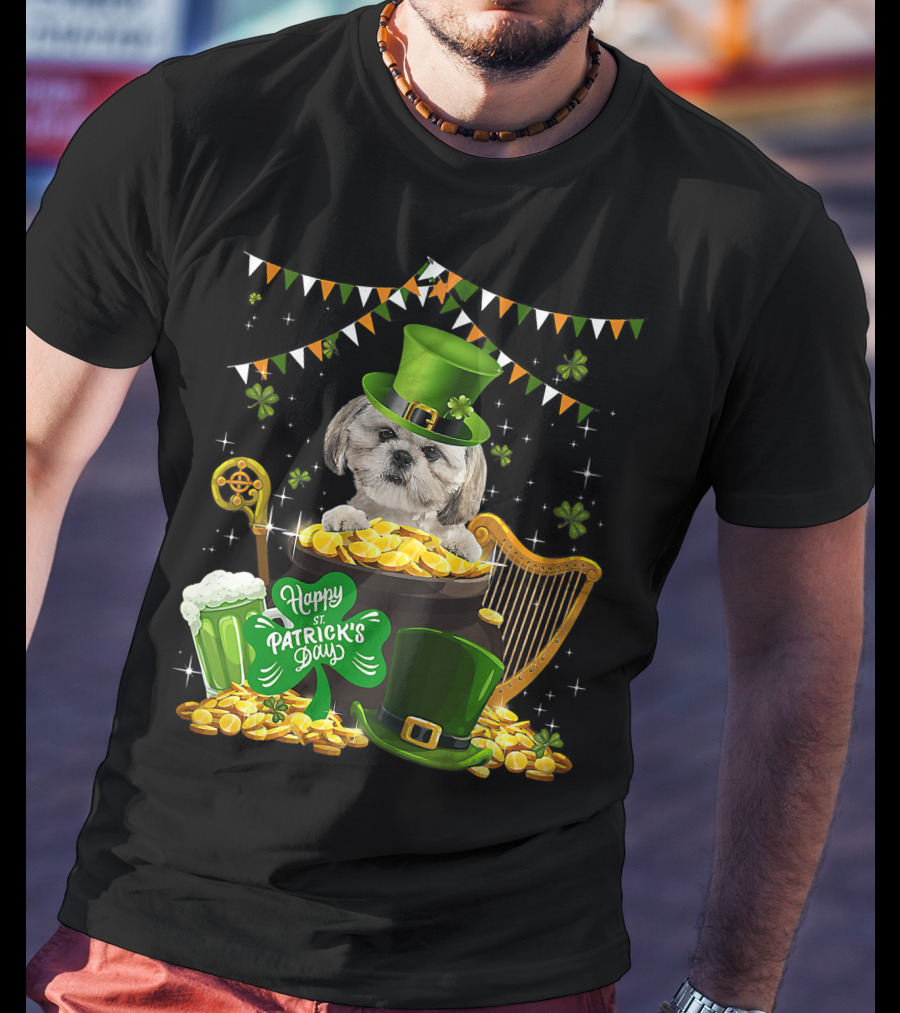 Happy St Patrick's Day Shih Tzu Dogs Lover Funny Irish Shamrock Hat T-Shirt