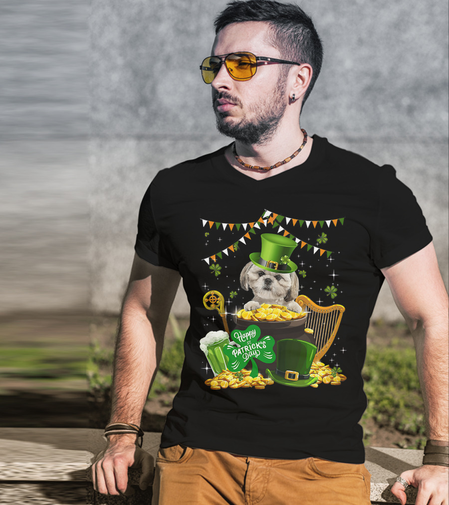 Happy St Patrick's Day Shih Tzu Dogs Lover Funny Irish Shamrock Hat T-Shirt