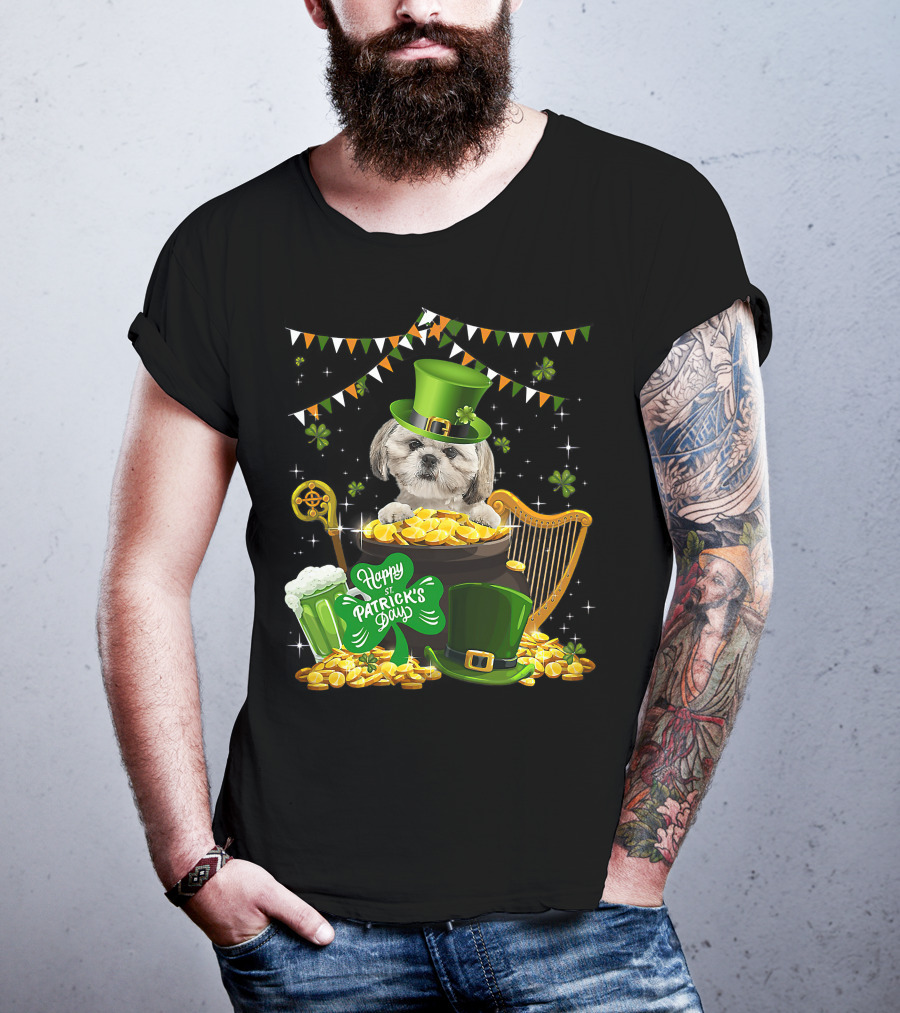 Happy St Patrick's Day Shih Tzu Dogs Lover Funny Irish Shamrock Hat T-Shirt