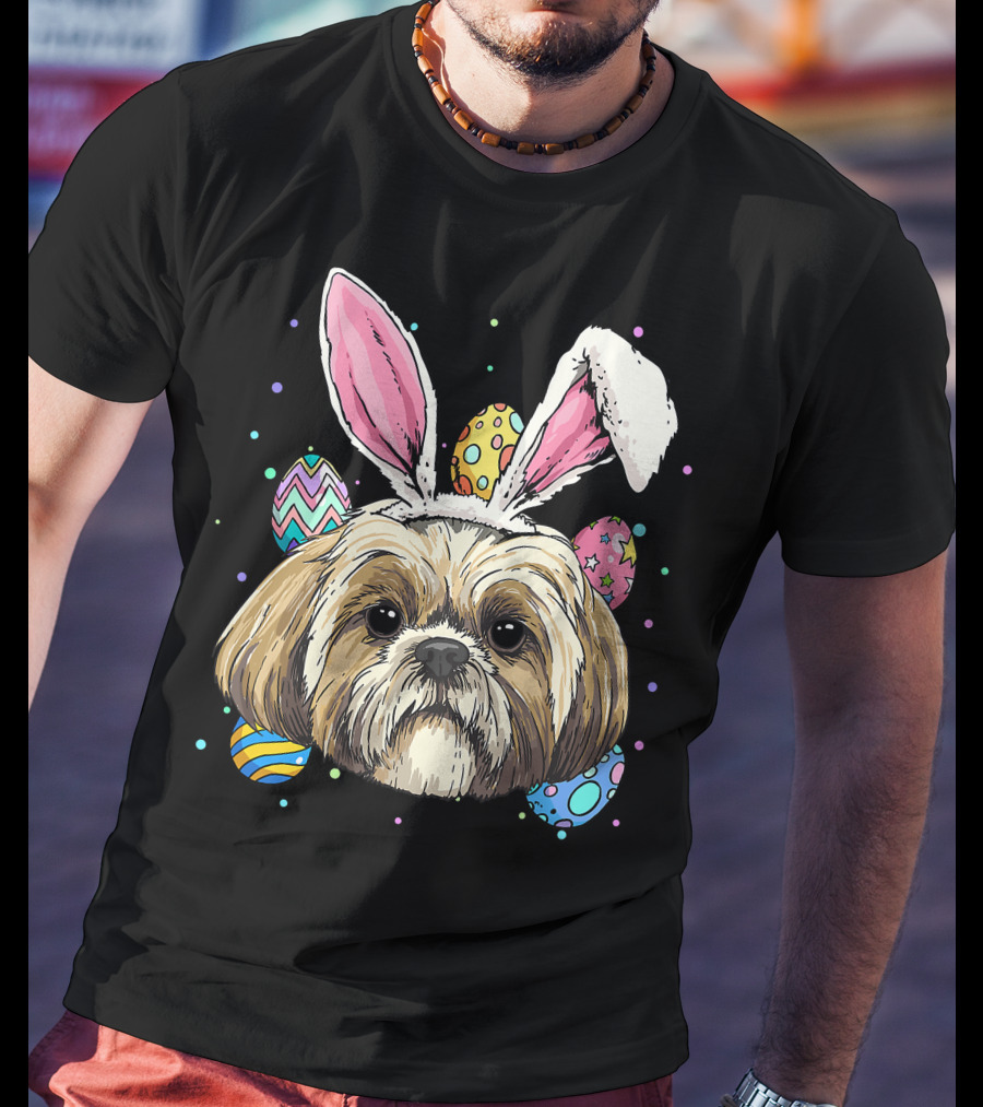 Shih Tzu Easter Bunny Dog Pet Owner Breeder Animal With Colorful Eggs T-Shirt