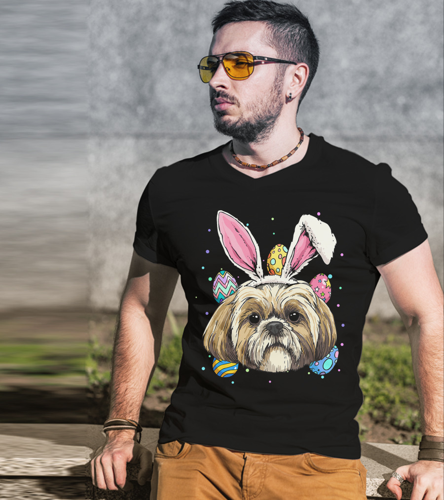 Shih Tzu Easter Bunny Dog Pet Owner Breeder Animal With Colorful Eggs T-Shirt