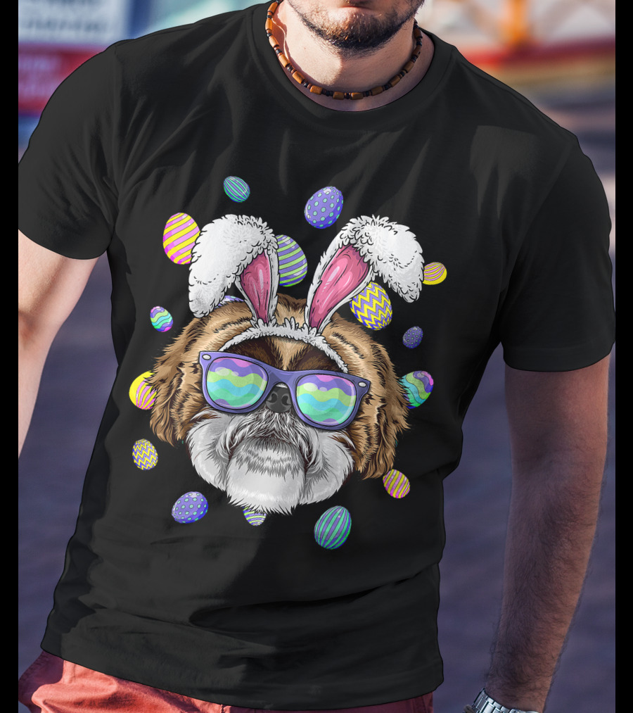 Shih Tzu With Bunny Ears And Sunglasses Surrounded By Colorful Easter Eggs T-Shirt