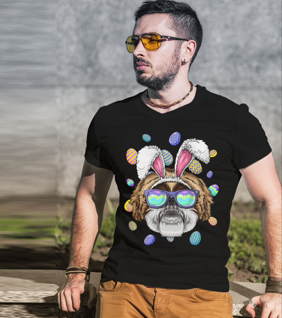 Shih Tzu With Bunny Ears And Sunglasses Surrounded By Colorful Easter Eggs T-Shirt