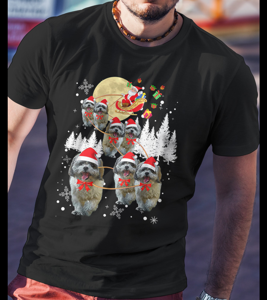 Shih Tzu Christmas Reindeer Moon Santa Dog Fun T-Shirt