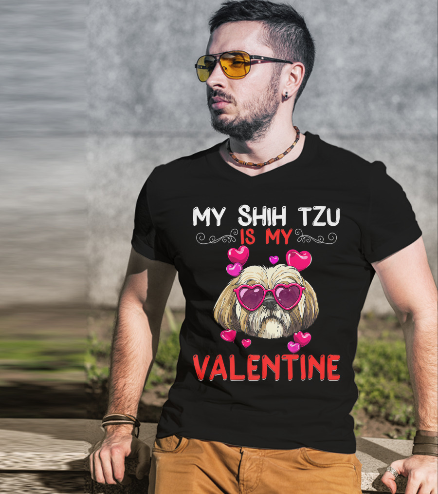 My Shih Tzu Is My Valentine Puppy Fun Hearts Glasses T-Shirt
