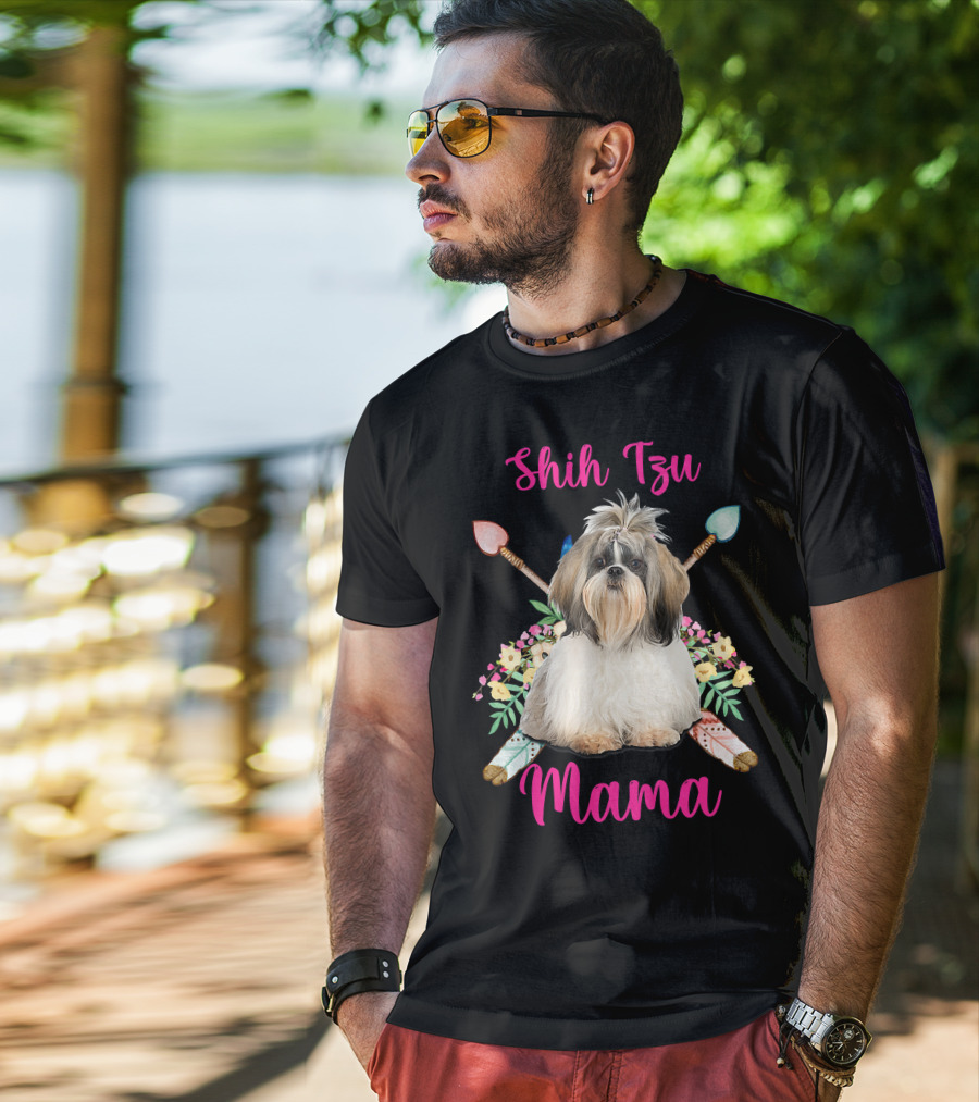Shih Tzu Mama Cute Mama Dog Lover With Floral And Arrow Accents T-Shirt