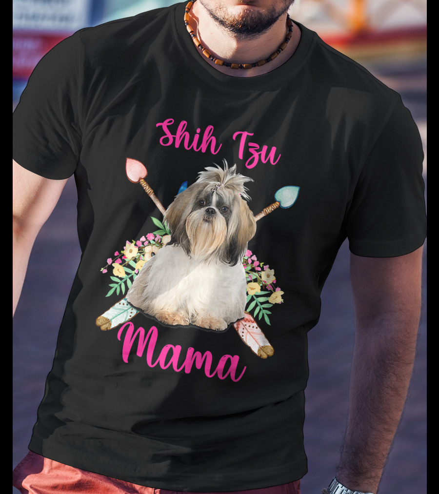 Shih Tzu Mama Cute Mama Dog Lover With Floral And Arrow Accents T-Shirt