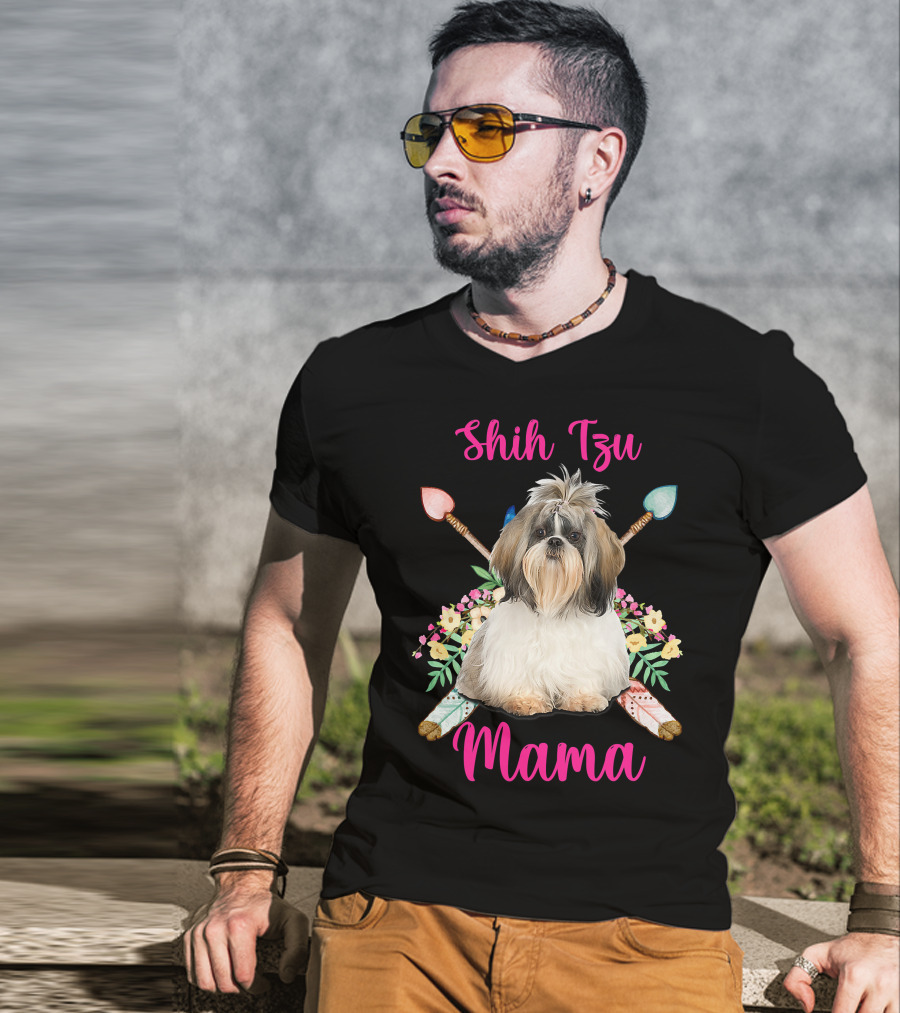 Shih Tzu Mama Cute Mama Dog Lover With Floral And Arrow Accents T-Shirt