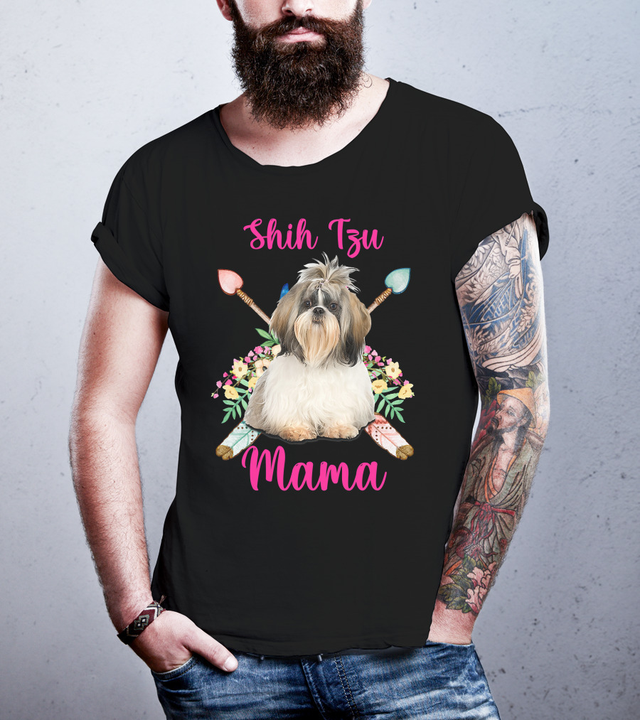 Shih Tzu Mama Cute Mama Dog Lover With Floral And Arrow Accents T-Shirt