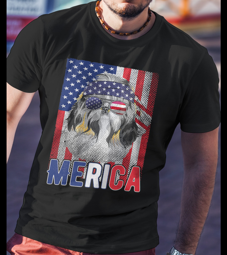 Shih Tzu Merica USA American Flag Patriotic Boys 4 Glasses Headband Stars Stripes T-Shirt
