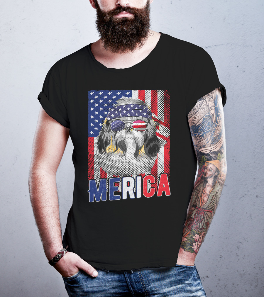 Shih Tzu Merica USA American Flag Patriotic Boys 4 Glasses Headband Stars Stripes T-Shirt