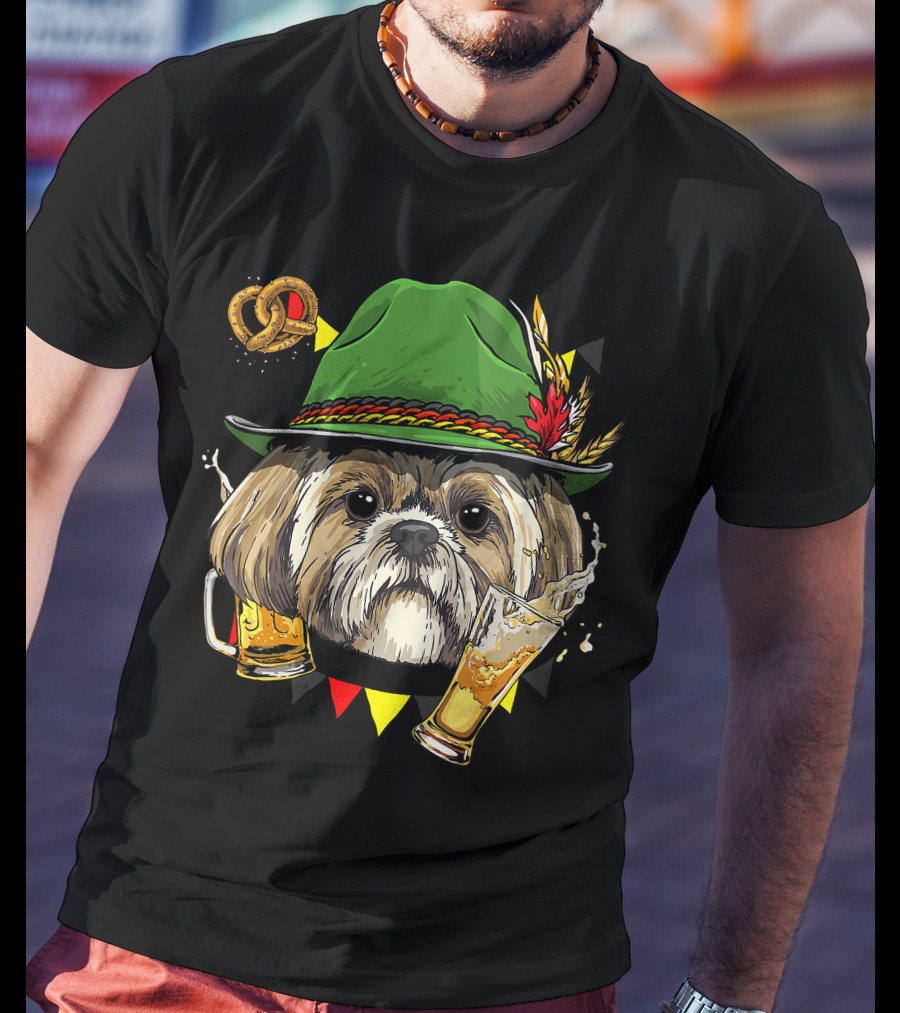 Shih Tzu Oktoberfest Dog With Lederhosen Hat And Beer German Pretzel T-Shirt