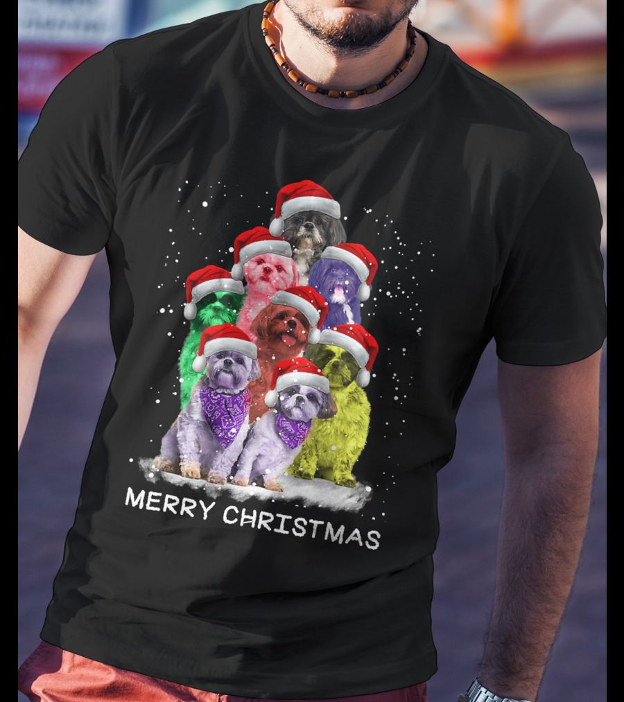 Merry Christmas Shih Tzu Ornament Decoration Santa Hat Xmas Tree Dog T-Shirt