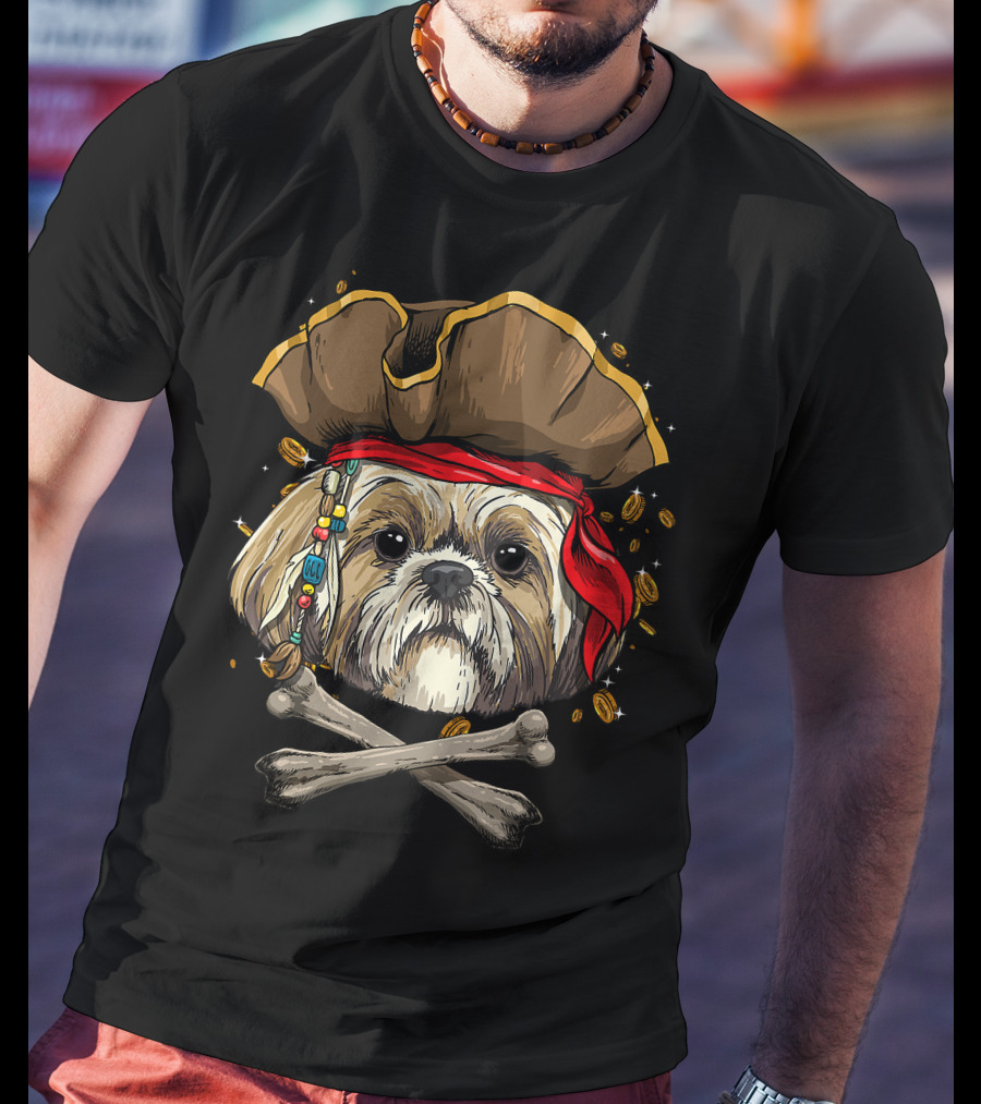 Shih Tzu Pirate Dog Jolly Roger Halloween With Skull And Crossbones T-Shirt