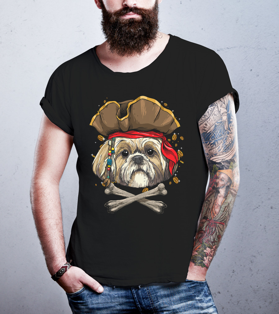 Shih Tzu Pirate Dog Jolly Roger Halloween With Skull And Crossbones T-Shirt