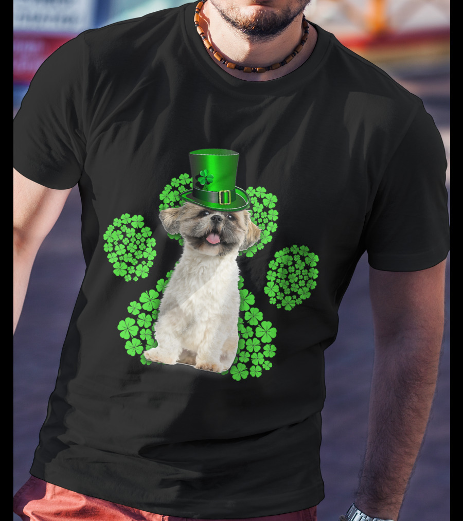Shih Tzu With Shamrock Paw Prints And Green Hat For St Patrick's Day T-Shirt