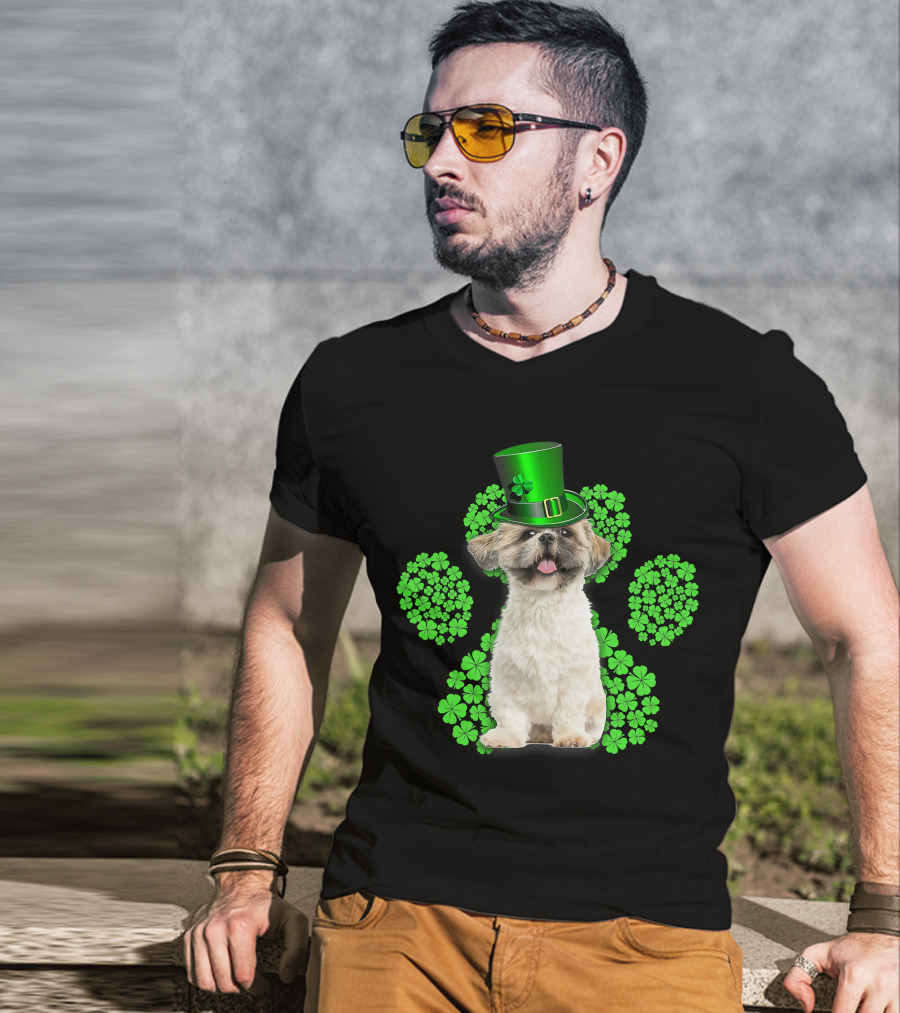 Shih Tzu With Shamrock Paw Prints And Green Hat For St Patrick's Day T-Shirt