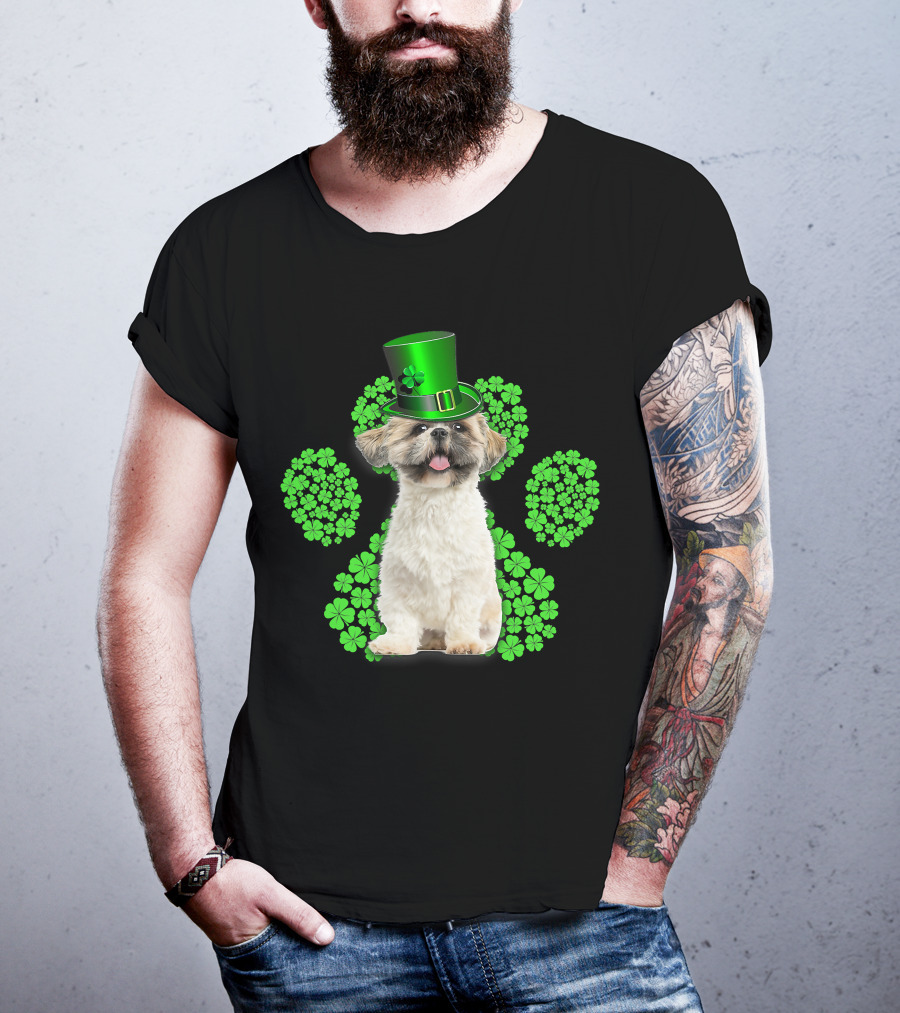 Shih Tzu With Shamrock Paw Prints And Green Hat For St Patrick's Day T-Shirt
