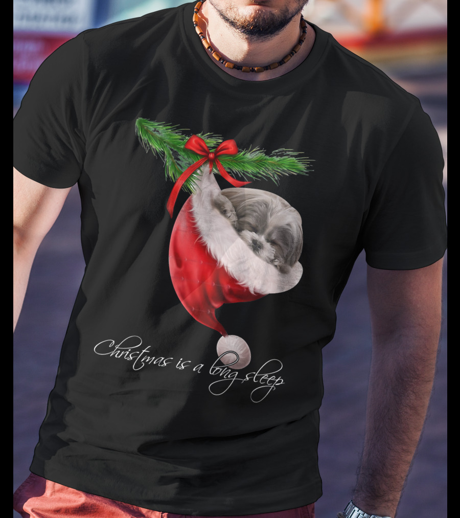 Shih Tzu Sleeping In Santa's Hat Christmas Is A Snuggly Dream T-Shirt