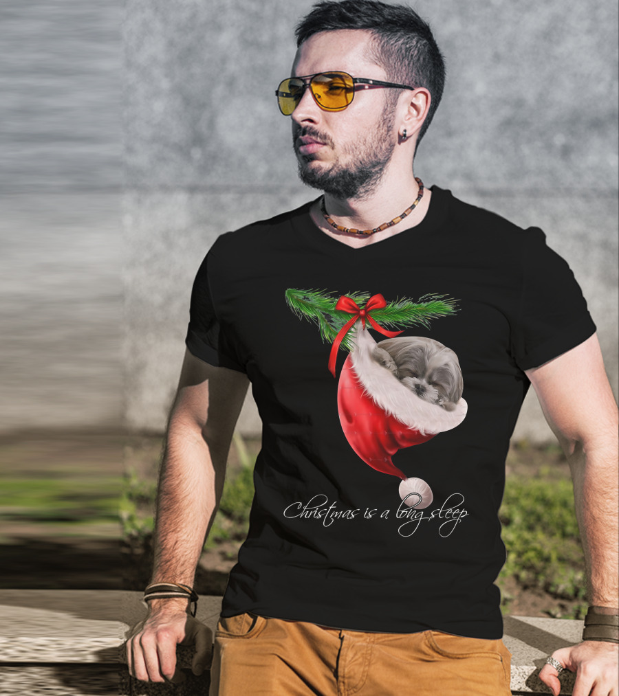 Shih Tzu Sleeping In Santa's Hat Christmas Is A Snuggly Dream T-Shirt