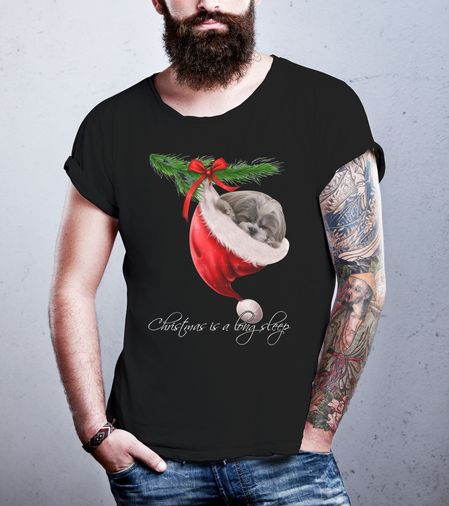Shih Tzu Sleeping In Santa's Hat Christmas Is A Snuggly Dream T-Shirt