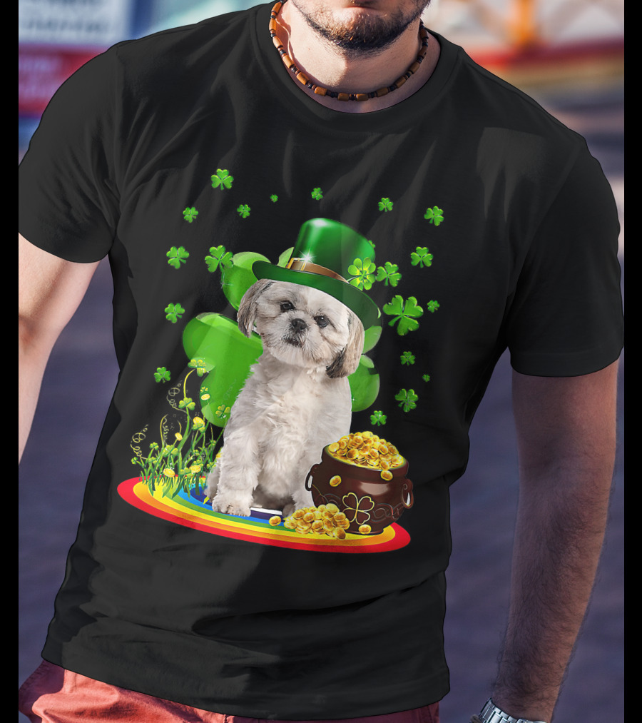 Shih Tzu Irish Shamrock St Patricks Day Lover With Pot Of Gold T-Shirt