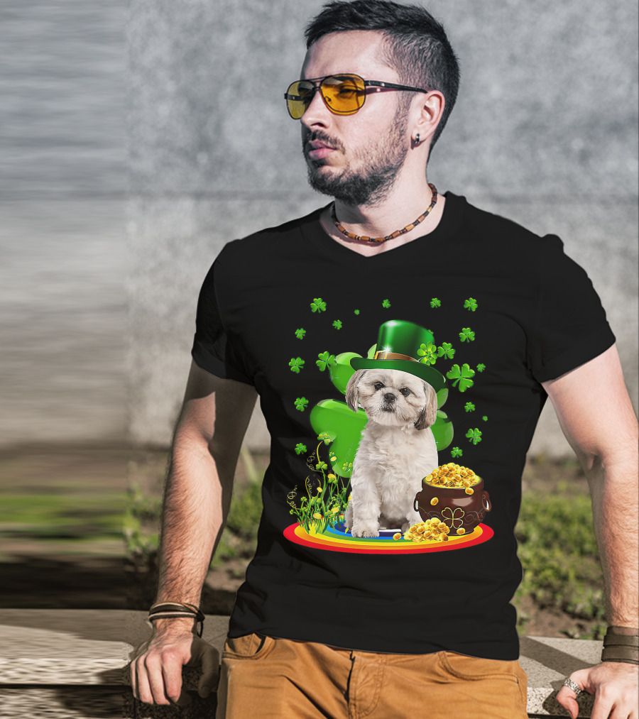 Shih Tzu Irish Shamrock St Patricks Day Lover With Pot Of Gold T-Shirt