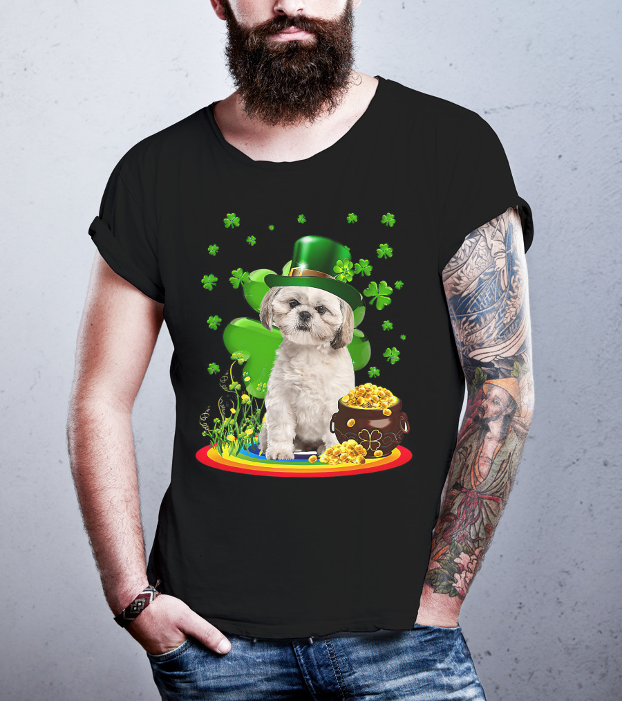 Shih Tzu Irish Shamrock St Patricks Day Lover With Pot Of Gold T-Shirt