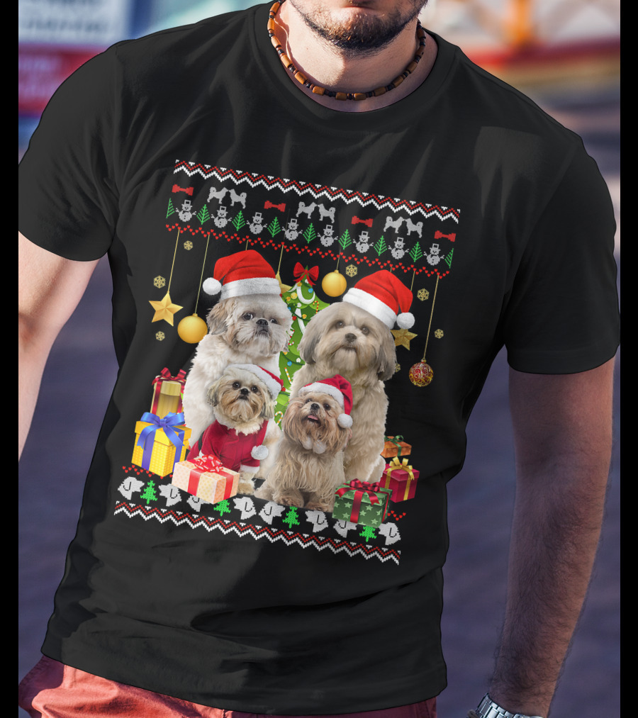 Shih Tzu Santa Hat Christmas Sweater Puppies And Presents T-Shirt