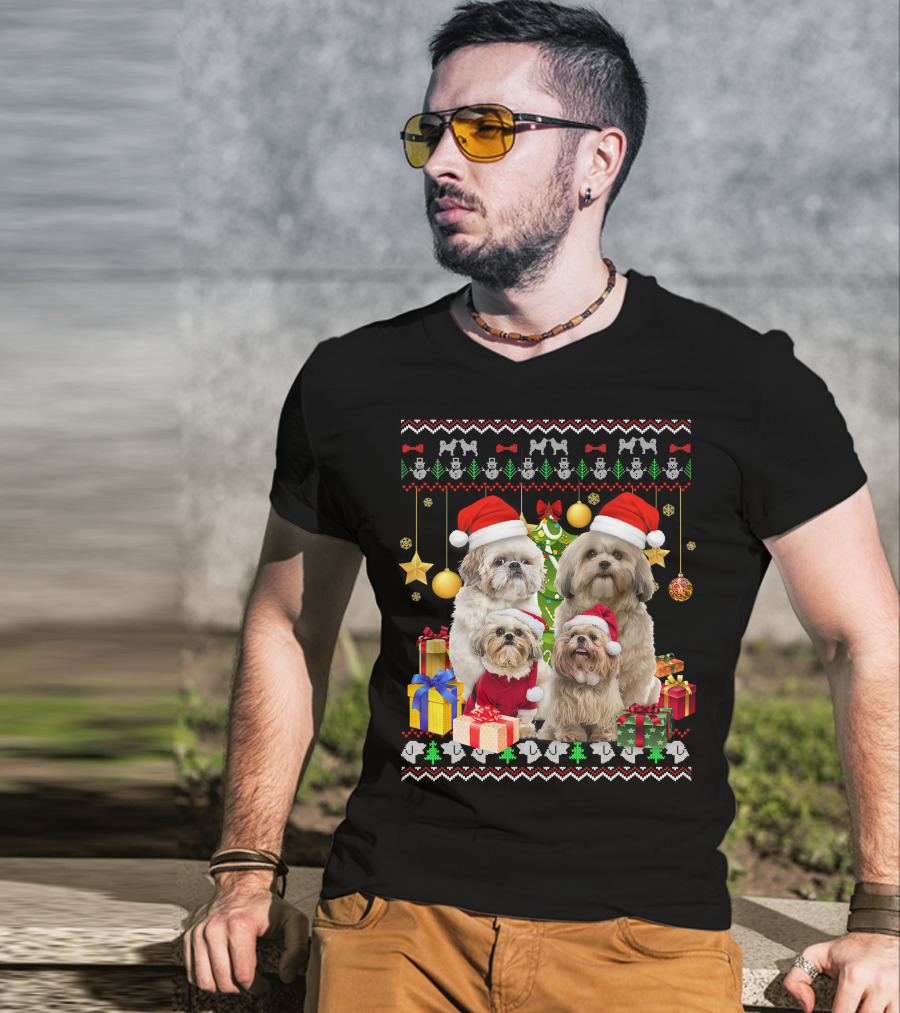 Shih Tzu Santa Hat Christmas Sweater Puppies And Presents T-Shirt