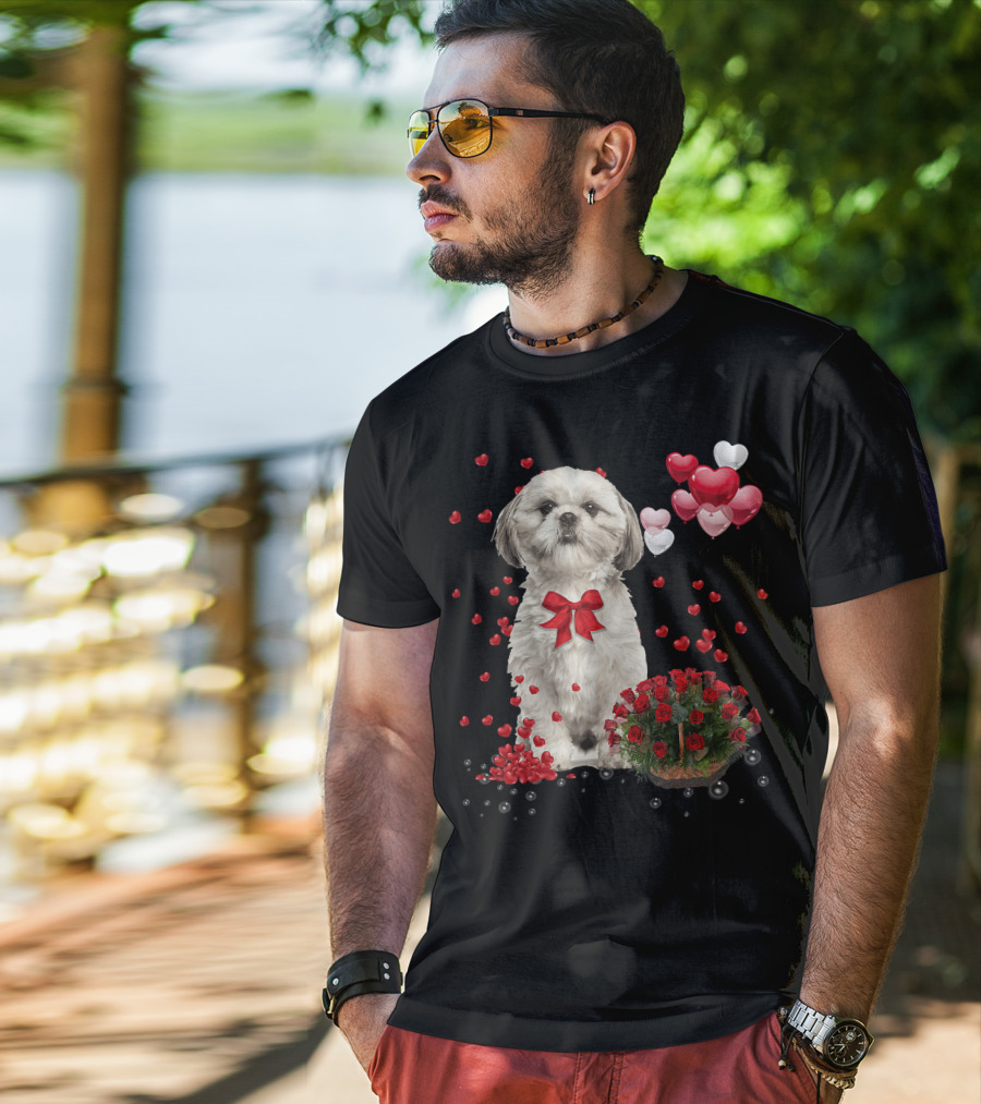 Shih Tzu Valentines Day Funny Dog Lover Happy Vale Roses Hearts Balloons T-Shirt