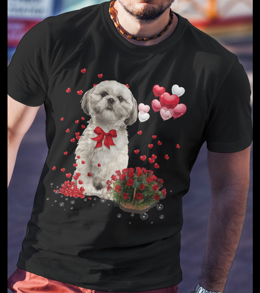 Shih Tzu Valentines Day Funny Dog Lover Happy Vale Roses Hearts Balloons T-Shirt