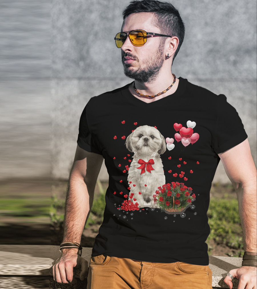 Shih Tzu Valentines Day Funny Dog Lover Happy Vale Roses Hearts Balloons T-Shirt