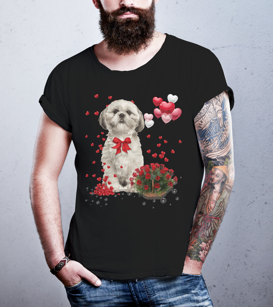 Shih Tzu Valentines Day Funny Dog Lover Happy Vale Roses Hearts Balloons T-Shirt