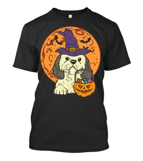 Shih Tzu Witch Hat Moon Jack O Lantern Halloween Dog T-Shirt