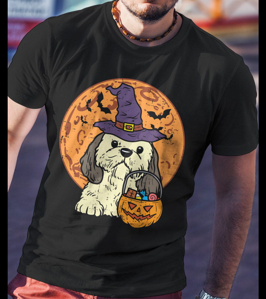 Shih Tzu Witch Hat Moon Jack O Lantern Halloween Dog T-Shirt