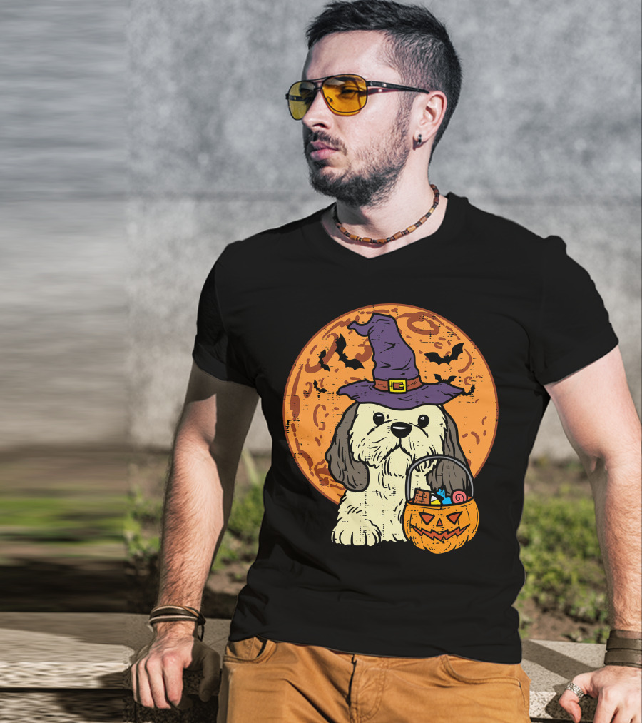 Shih Tzu Witch Hat Moon Jack O Lantern Halloween Dog T-Shirt