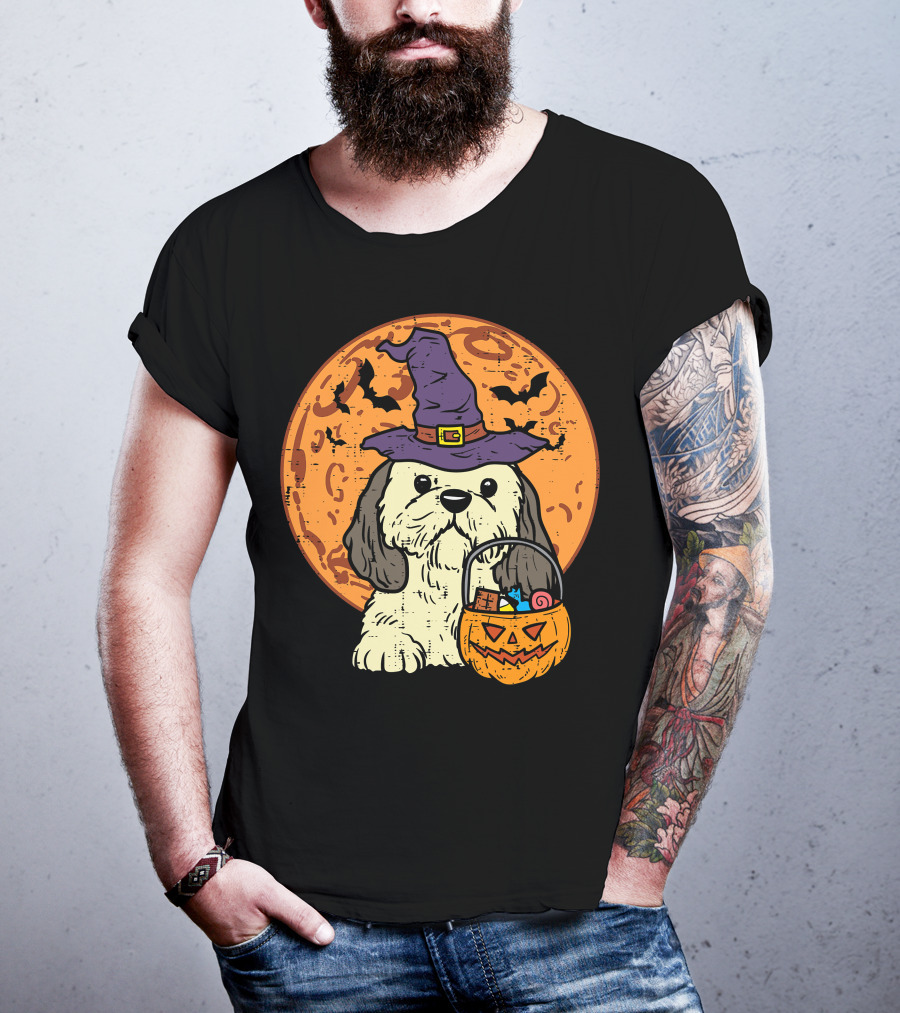 Shih Tzu Witch Hat Moon Jack O Lantern Halloween Dog T-Shirt