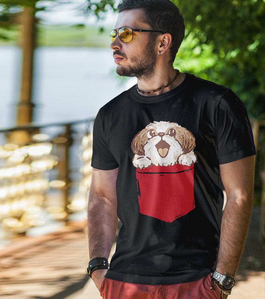 Shih-Tzu Puppy Dog Peeking Out Of Red Pocket T-Shirt