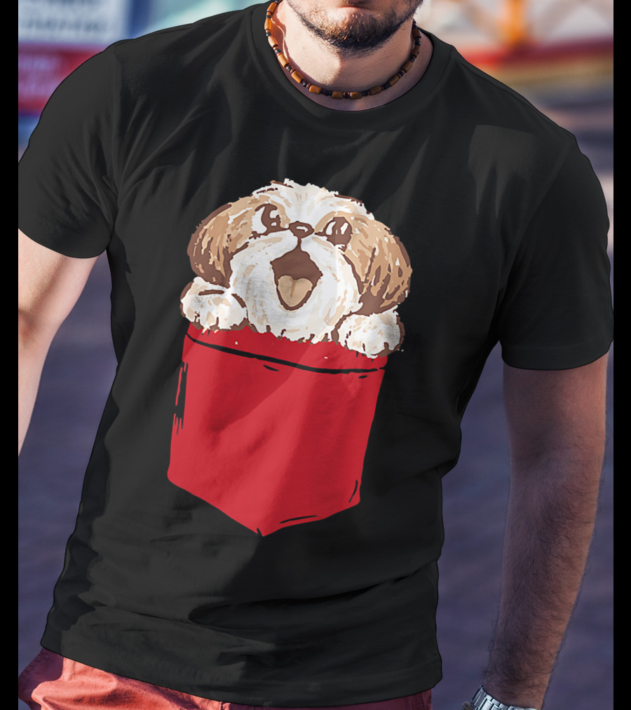 Shih-Tzu Puppy Dog Peeking Out Of Red Pocket T-Shirt