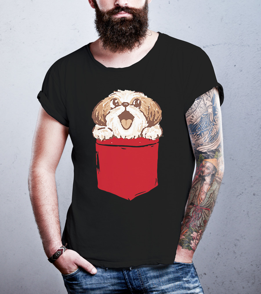 Shih-Tzu Puppy Dog Peeking Out Of Red Pocket T-Shirt