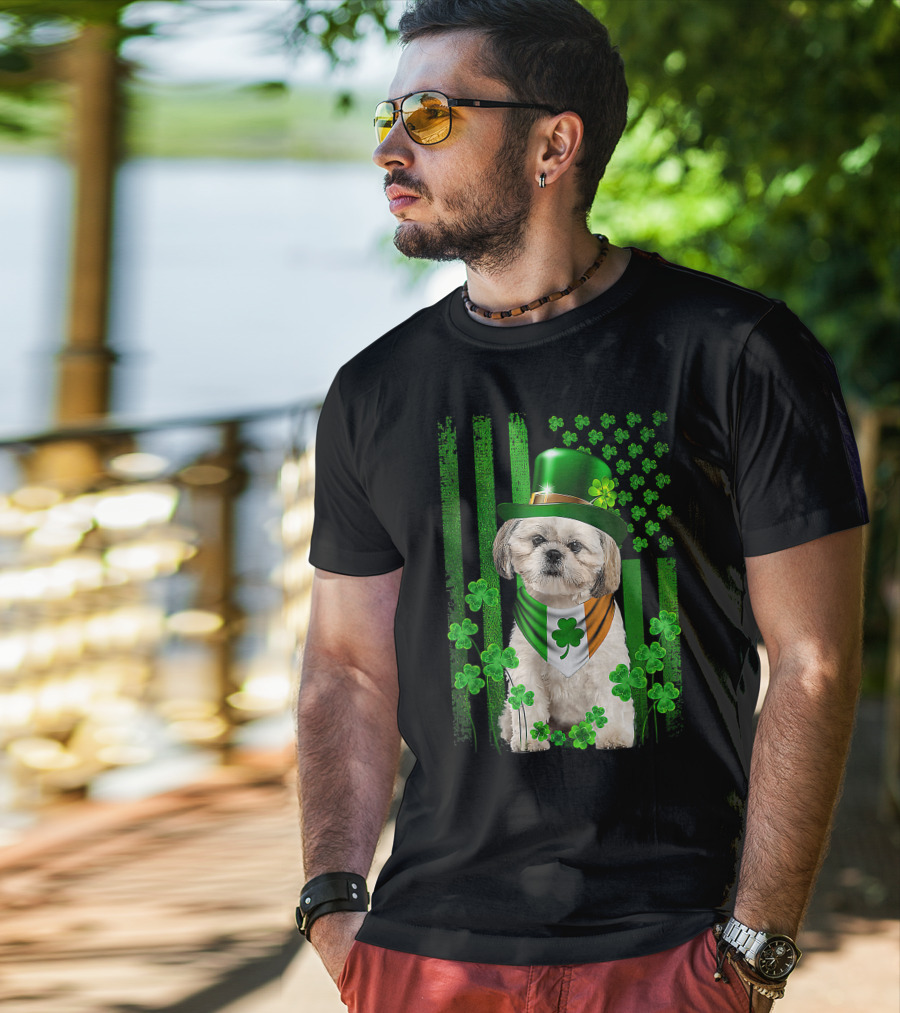 St Patrick's Day Shamrock Hat Shih Tzu With Irish Flag Scarf T-Shirt
