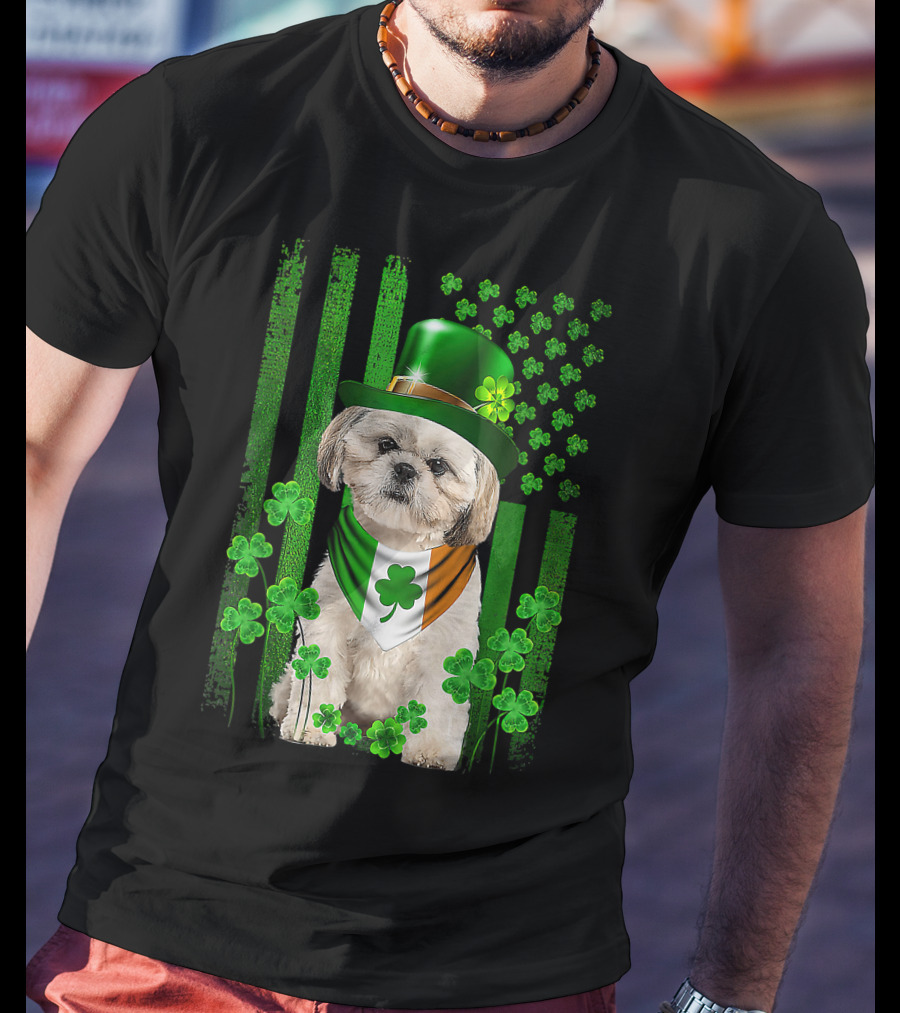 St Patrick's Day Shamrock Hat Shih Tzu With Irish Flag Scarf T-Shirt