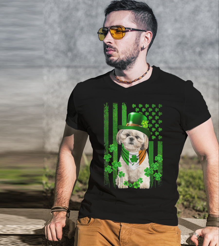 St Patrick's Day Shamrock Hat Shih Tzu With Irish Flag Scarf T-Shirt