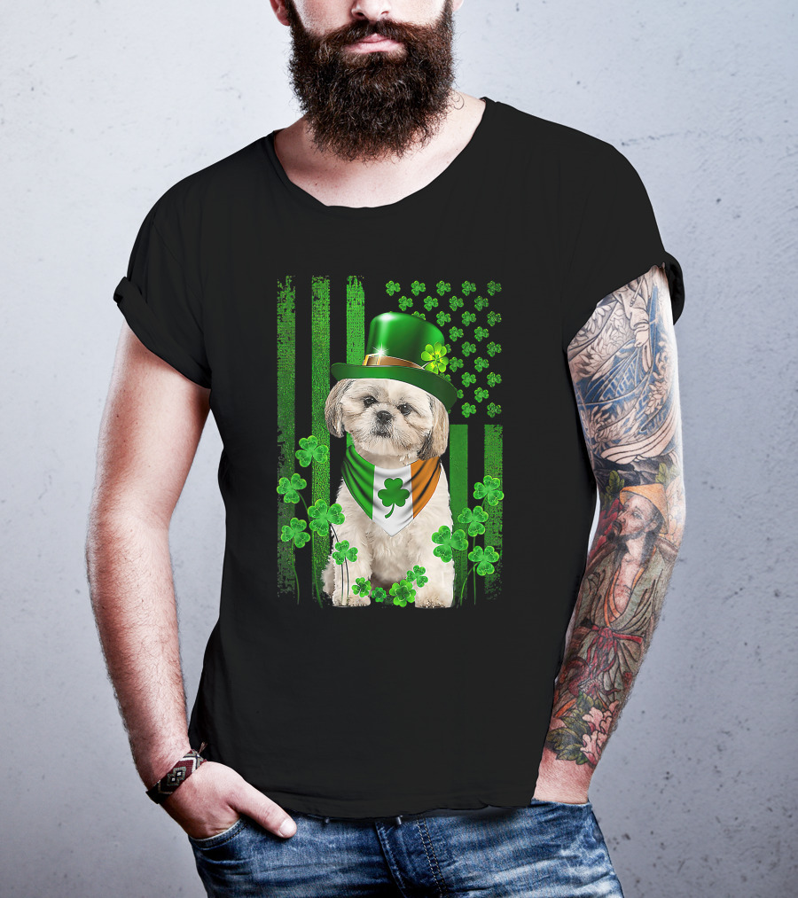 St Patrick's Day Shamrock Hat Shih Tzu With Irish Flag Scarf T-Shirt